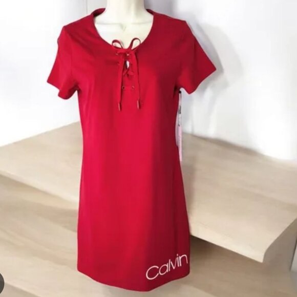 Calvin Klein Dress Pullover Pink Casual short Sleeve Cotton Midi Dress with Logo - Picture 1 of 7